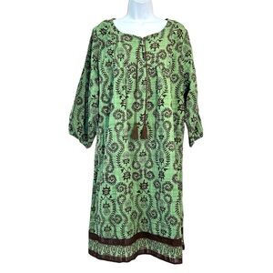 Studio Park Amy Stran Boho Textured Cotton Green Brown Floral Midi Dress XL NWOT